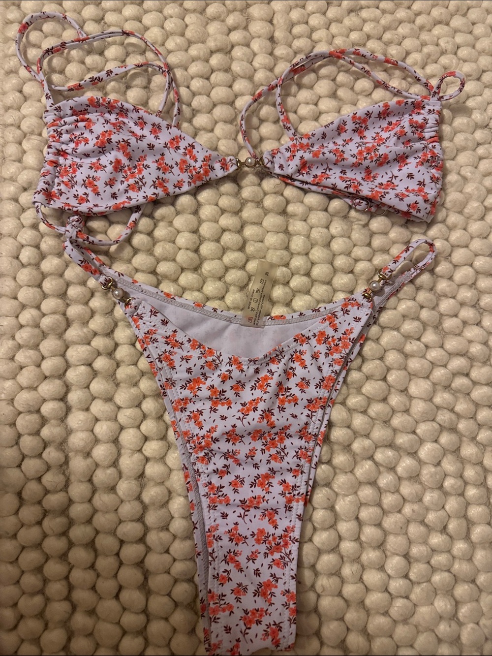 SHEIN White Triangle Bikini with Orange Floral Print